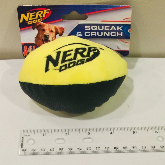NERF DOG 5" Yellow Plush Black Textured Material Squeak Crunch Football Dog Toy - Picture 3 of 3